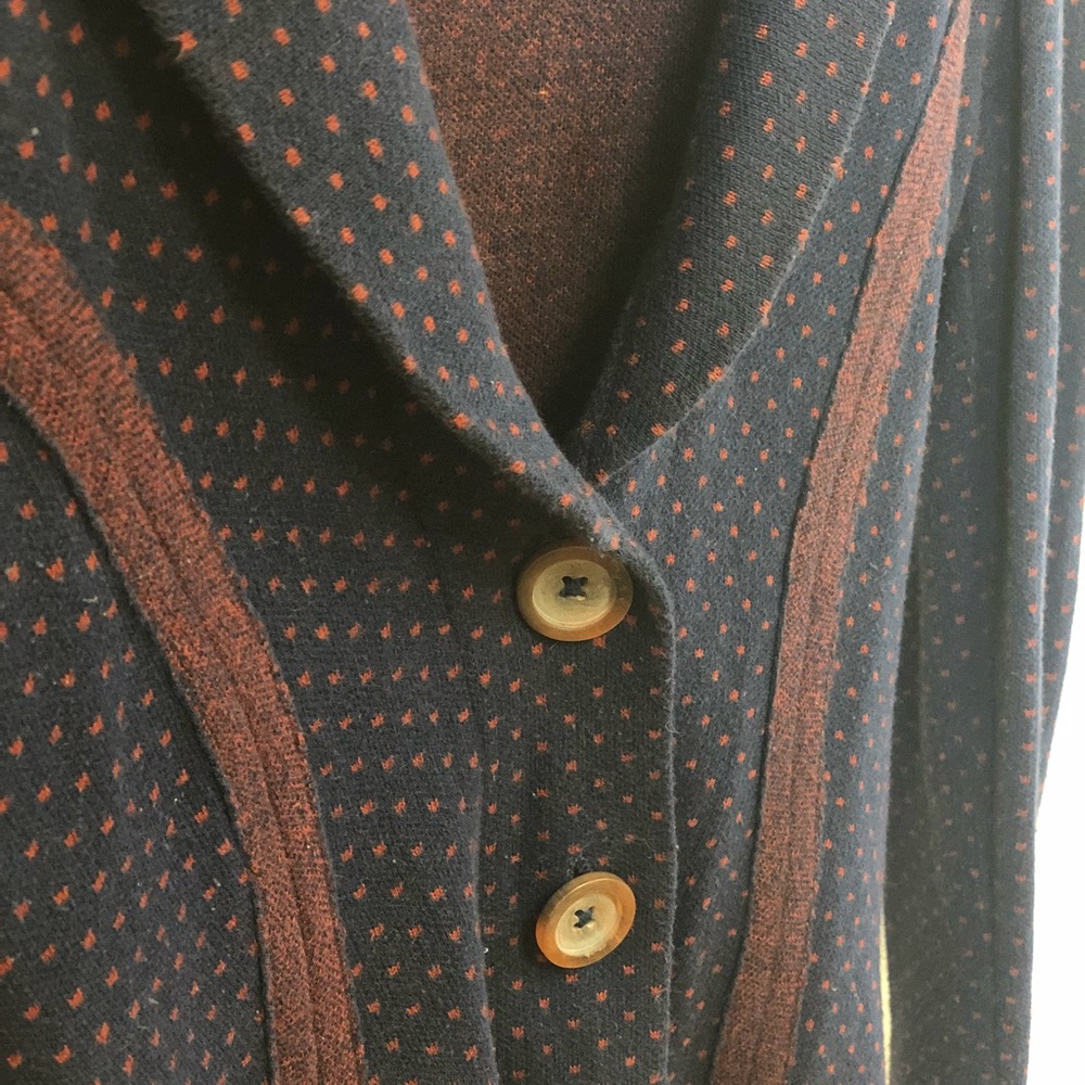 Dark blue and maroon polka dot button-up coat